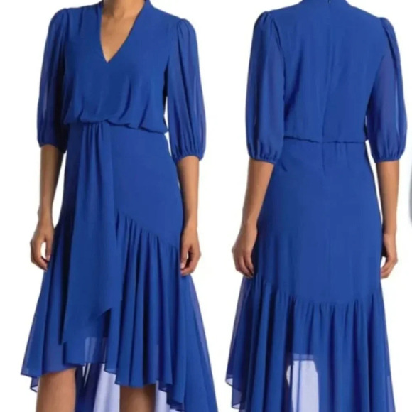 Taylor "NEW" Blue Flare High Low Hem V-Neck Elbow Chiffon Midi Dress Size XL - Picture 1 of 11
